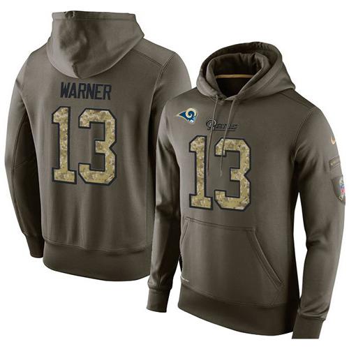 NFL Men's Nike Los Angeles Rams #13 Kurt Warner Stitched Green Olive Salute To Service KO Performance Hoodie - Click Image to Close